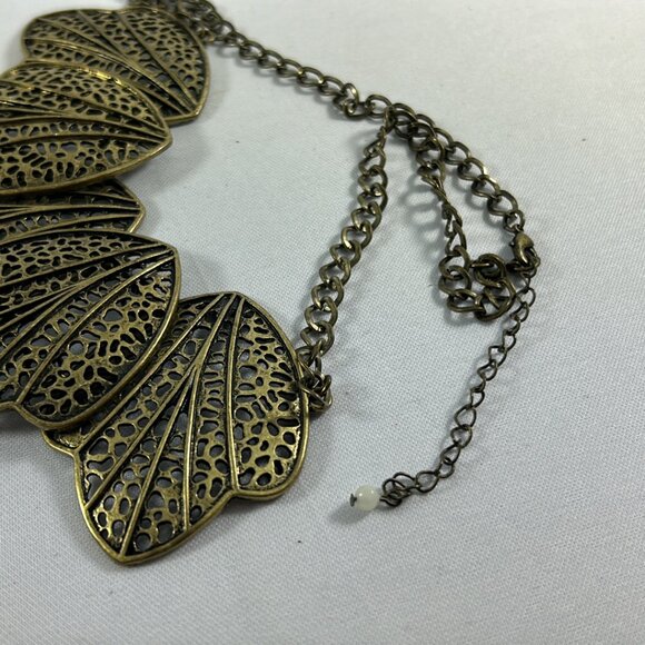 Gold Brass Tone Open Leaf Bib Necklace Statement Metal Unique Adjustable 17-19" - Picture 5 of 8